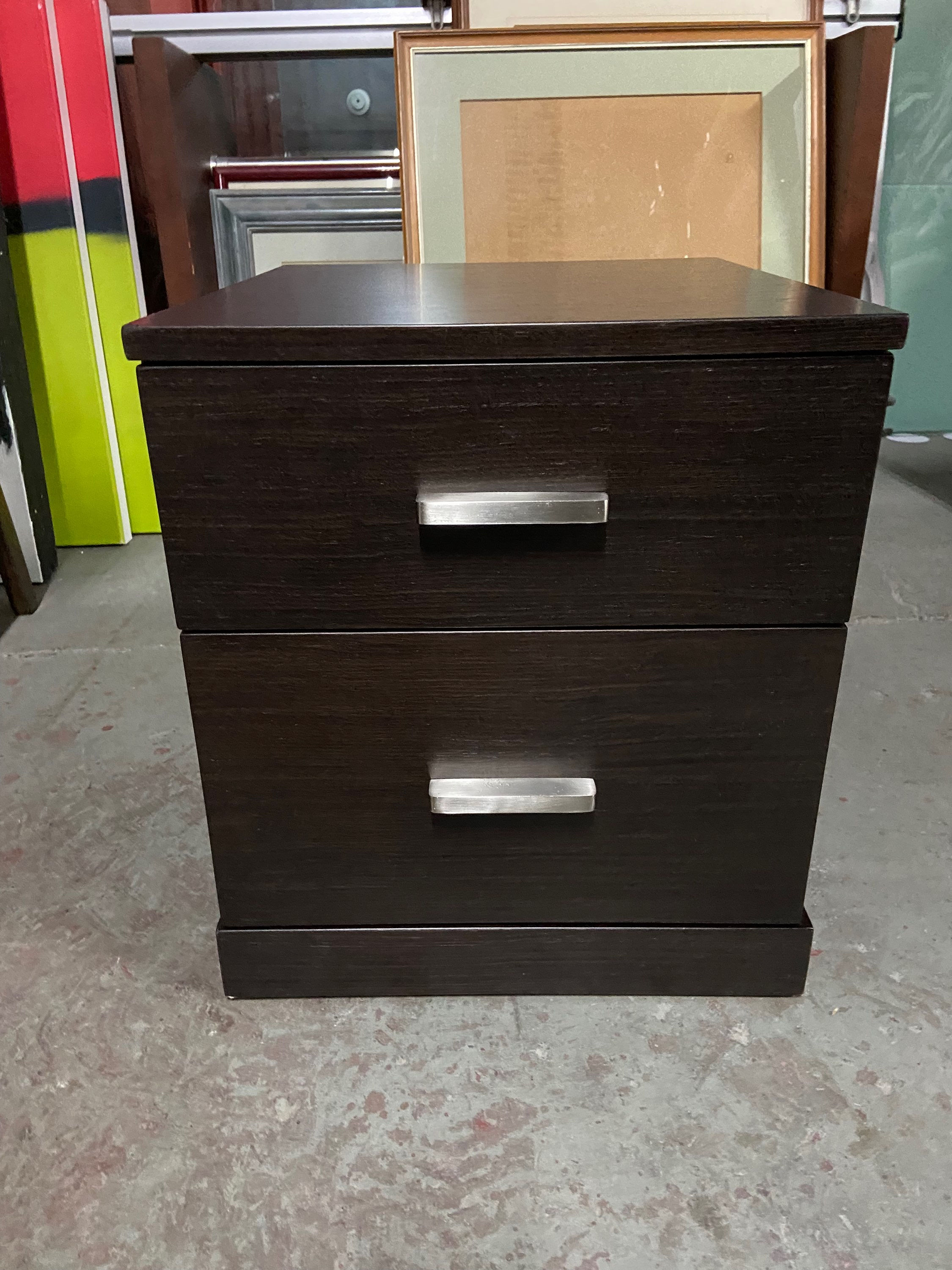 Dark wood veneer 2 drawer bedside (1) 