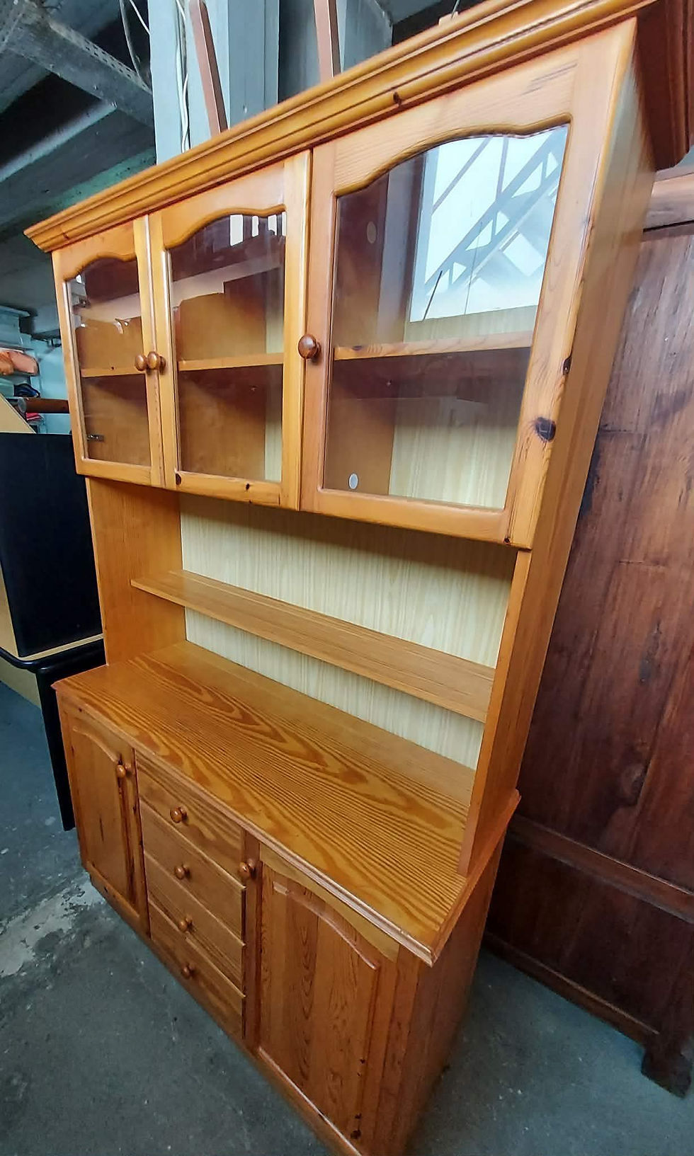 Thumbnail: Large pine dresser with glass display and 3 drawers and 2 cupboards (123 x 47 x