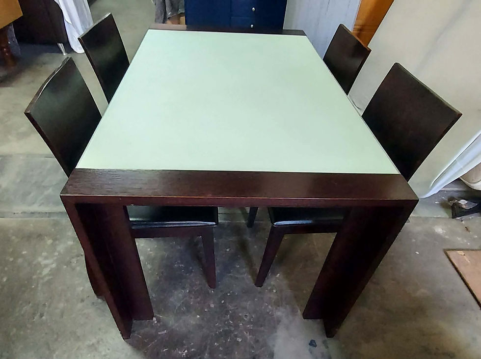 Thumbnail: Dark wood and opaque glass dining table with 4 chairs (142 x 85 x 76) €195