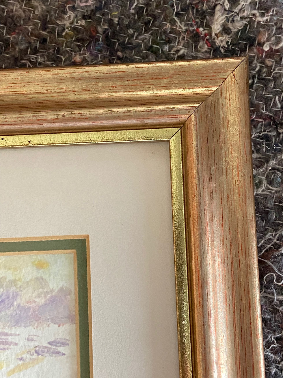 Thumbnail: Gold speckled framed small mounted countryside watercolour painting 28.5x24 