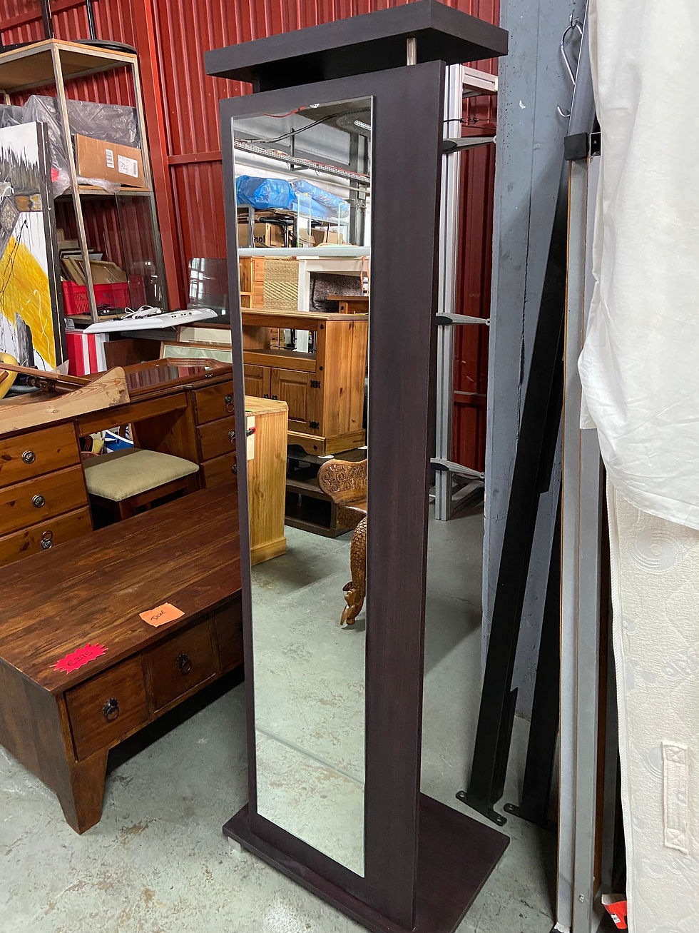 Thumbnail: Dark wood veneer boxed full length mirror valet station 