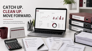 Organized bookkeeping workspace with financial reports, bank statements, calculator, and catch-up bookkeeping checklist