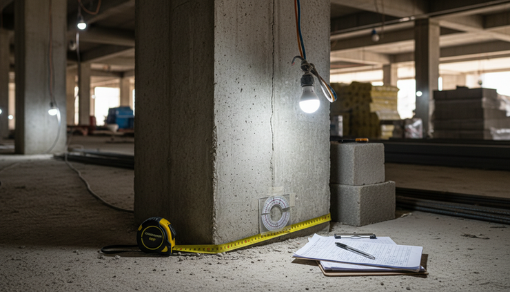 Close-up view of an engineer’s inspection tools beside a concrete column