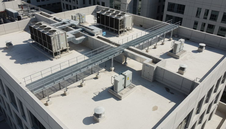 High-angle view of a UAE building rooftop with service equipment and access paths