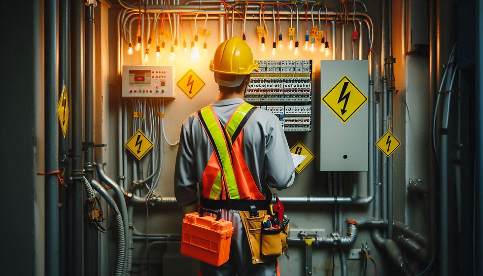 Elektrikle çalışmalarda iş sağlığı ve güvenliği eğitimi sırasında elektrik teknisyenleri, güvenlik donanımlarıyla elektrik tesisatları üzerinde çalışıyor; arka planda elektrik tehlike işaretleri bulunuyor.