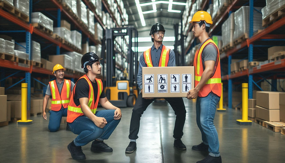 Elle taşıma risk değerlendirme eğitimi sırasında çalışanlar, ergonomik taşıma tekniklerini öğrenirken, arka planda iş güvenliği işaretleri yer alıyor.