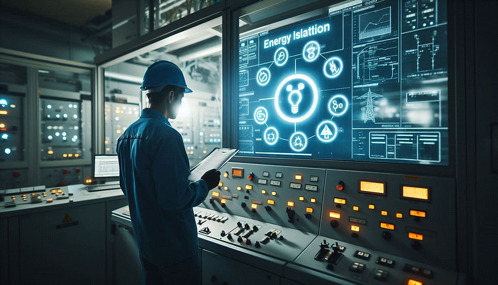 Enerji izolasyonu eğitimi sırasında teknisyenler, kontrol odasında enerji kaynaklarını güvenli bir şekilde izole ediyor; arka planda izolasyon işaretleri yer alıyor