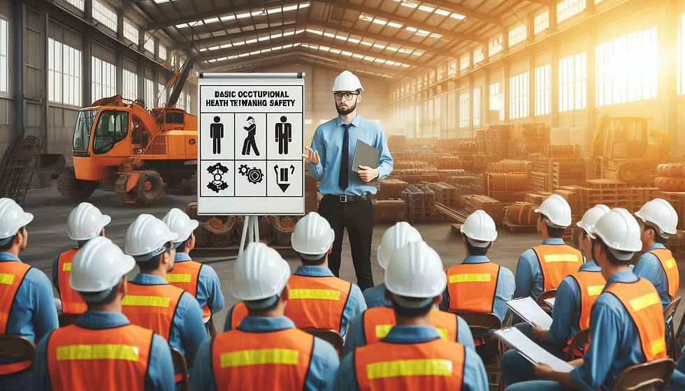 Temel iş sağlığı ve güvenliği eğitimi sırasında çalışanlar, güvenlik donanımlarıyla iş güvenliği prosedürlerini öğreniyor, arka planda iş güvenliği işaretleri yer alıyor.