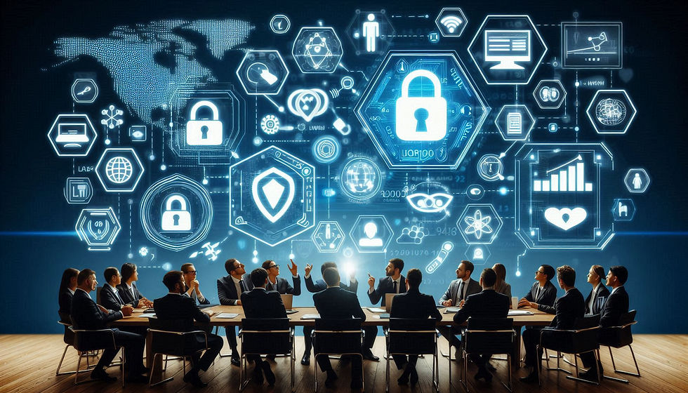 ISO 27001 bilgi güvenliği yönetim sistemi eğitimi sırasında katılımcılar, siber güvenlik ve veri koruma stratejileri hakkında bilgi alıyor, arka planda bilgi güvenliği işaretleri yer alıyor.