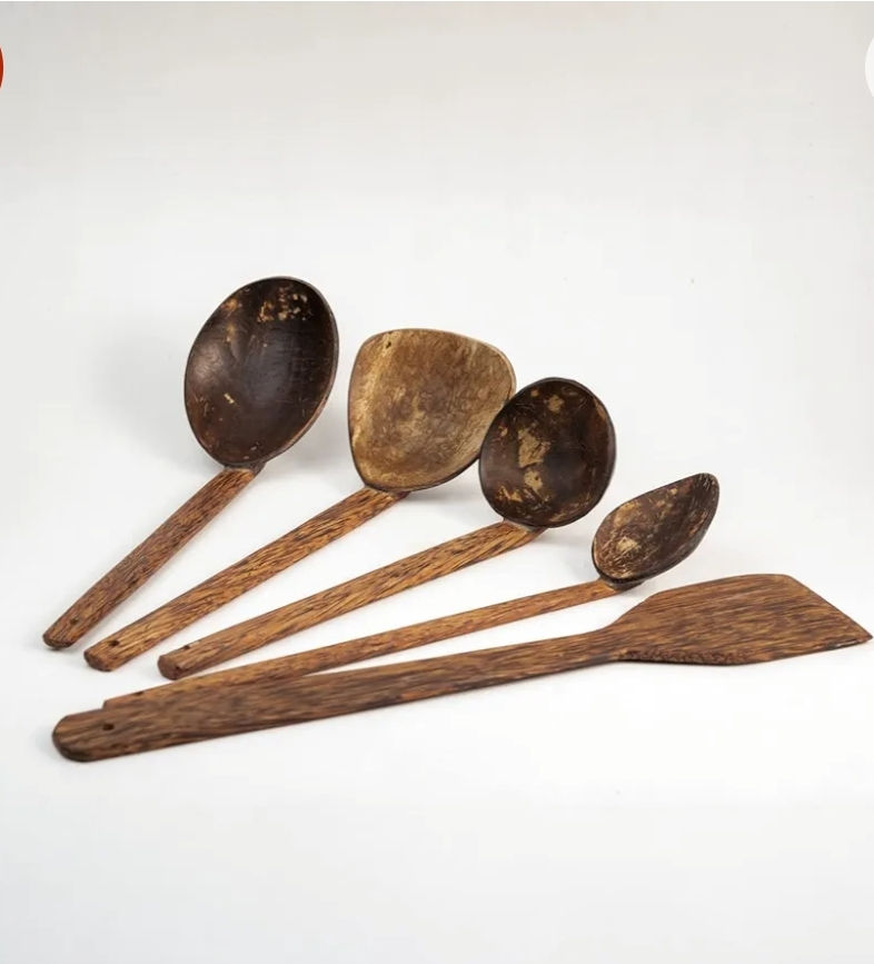 Thumbnail: Traditional Coconut Shell &Wood Cooking Spoons (Set of 5)