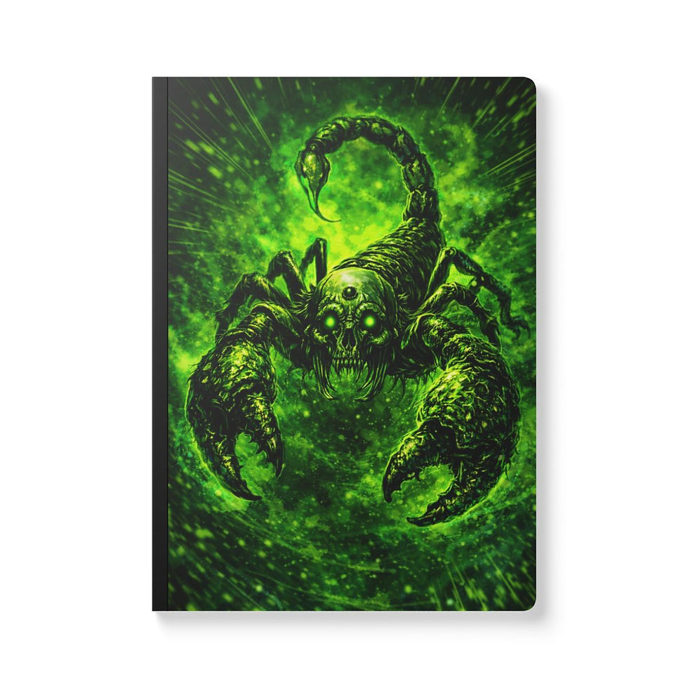 Thumbnail: Dark Zodiac Scorpio cosmic journal featuring a terrifying skeletal scorpion emerging through blazing green flames.