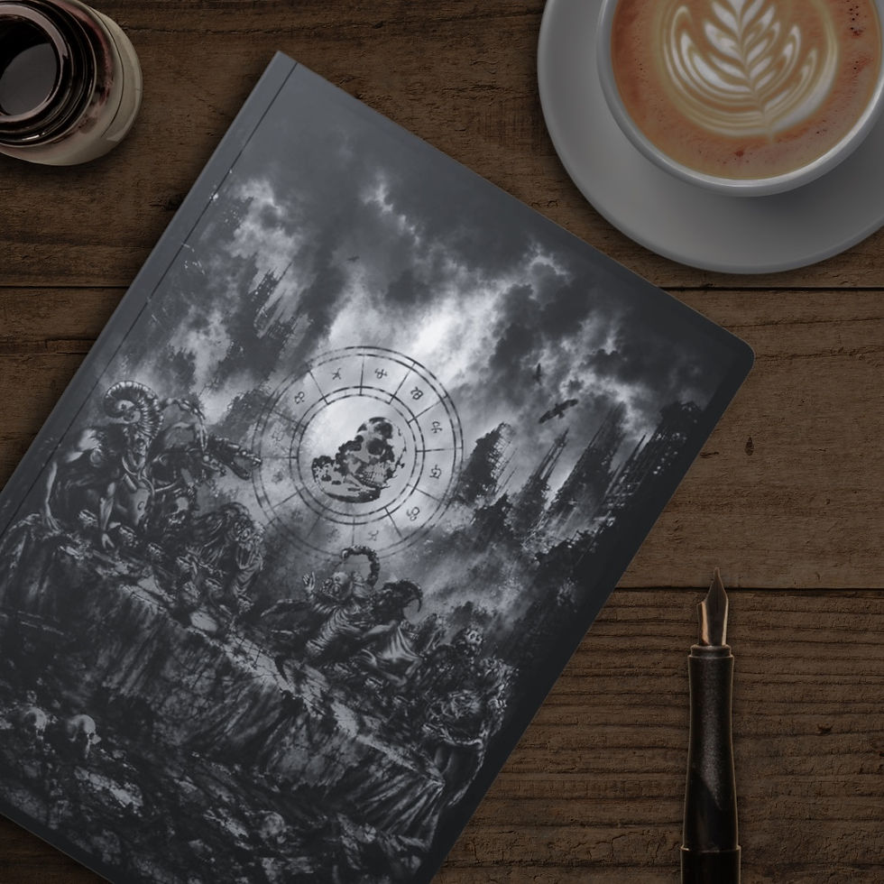 Thumbnail: Dark fantasy journal resting on a wooden desk beside coffee and a fountain pen.