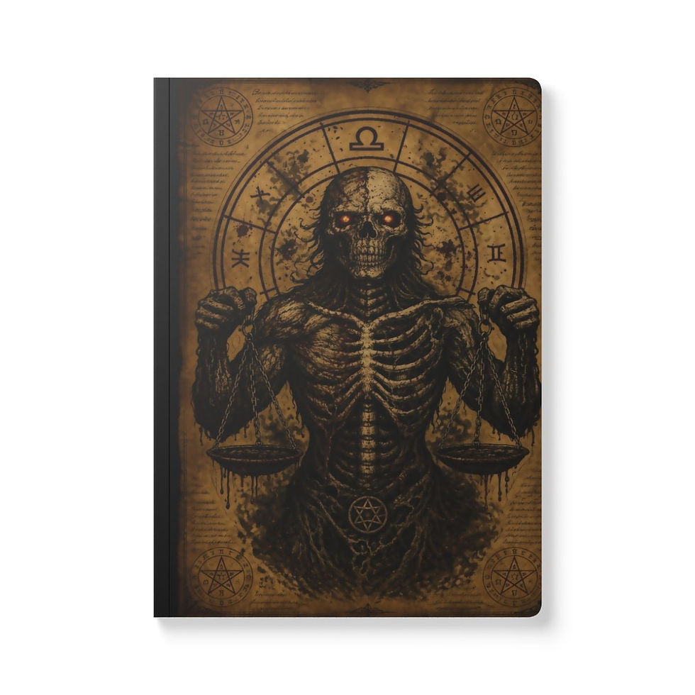 Thumbnail: Antique Dark Zodiac Libra journal featuring a monster scale with glowing red eyes praying before a vintage zodiac wheel.