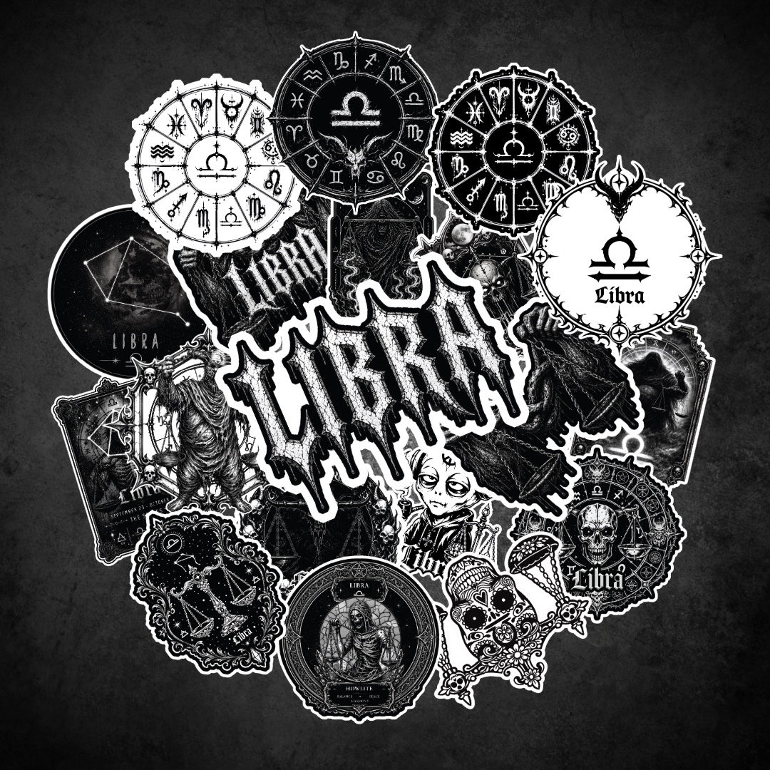 Dark Zodiac Libra sticker bundle displaying all 20 original gothic Libra vinyl stickers on a dark textured background.