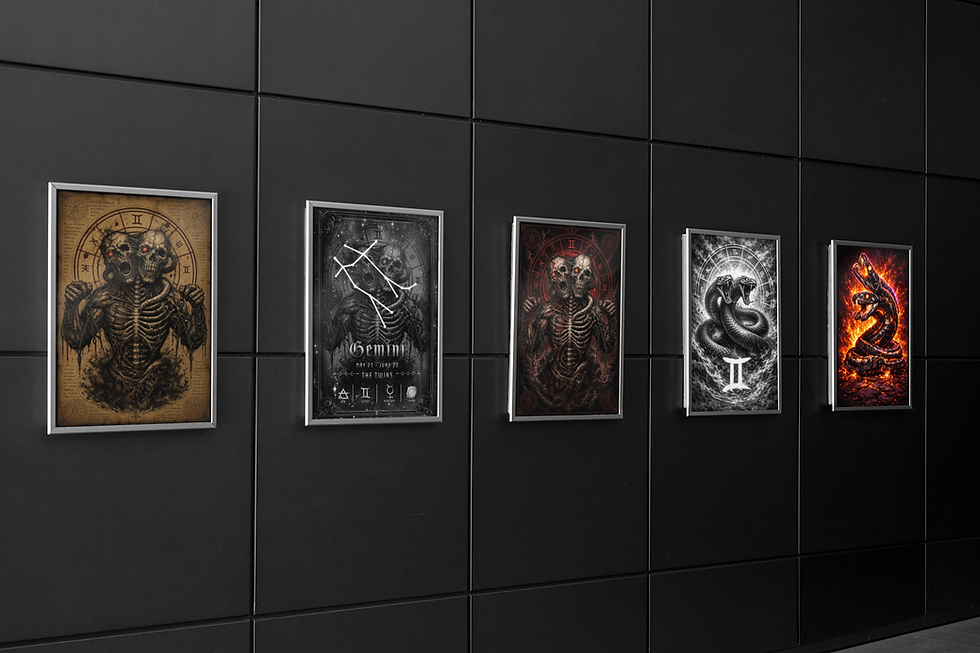 Gemini gothic zodiac posters featuring antique, constellation, and red moon designs on premium matte paper.