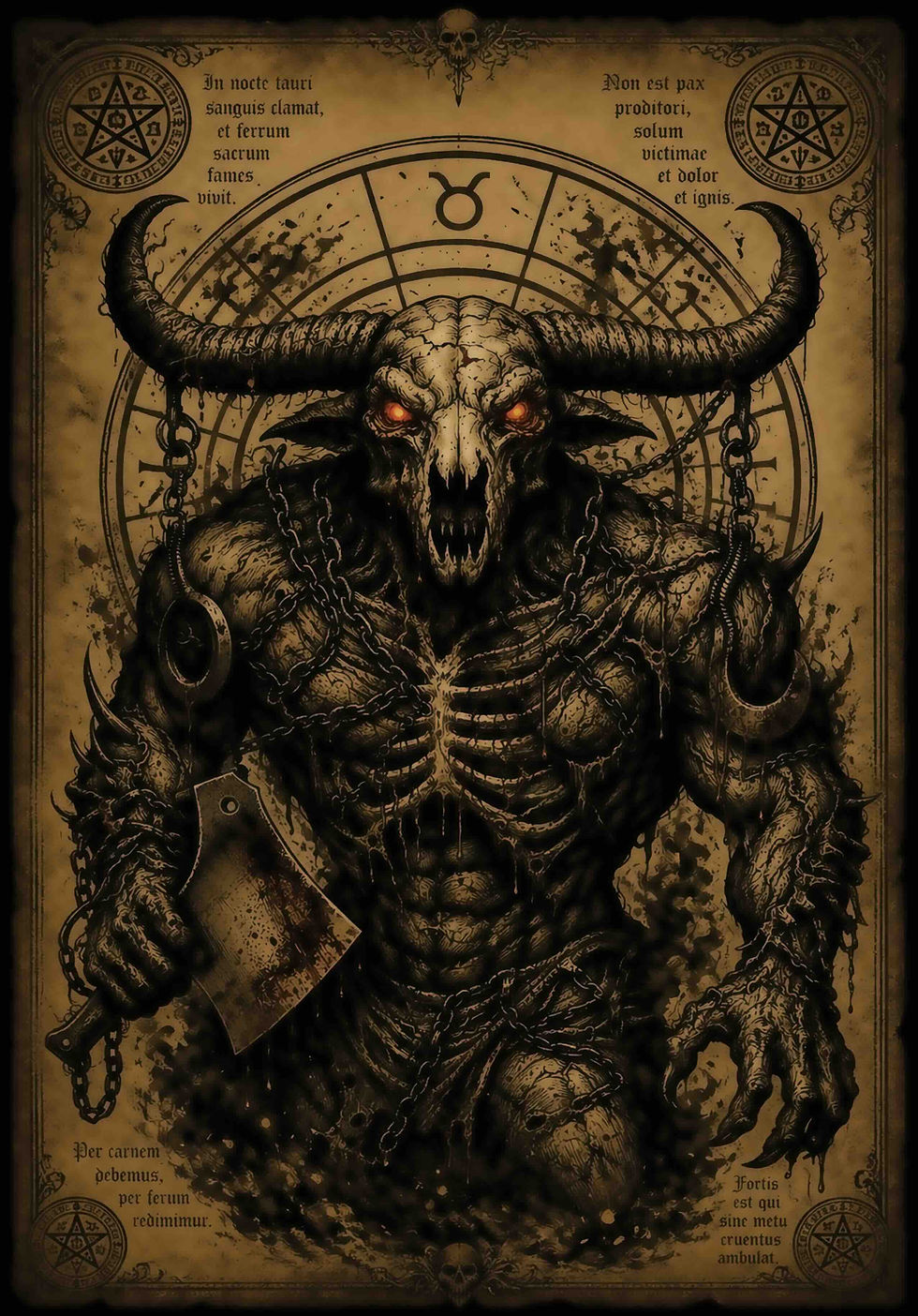 Thumbnail: Dark Zodiac Taurus Antique Poster featuring a demonic skeletal bull wielding a cleaver against an aged occult parchment paper
