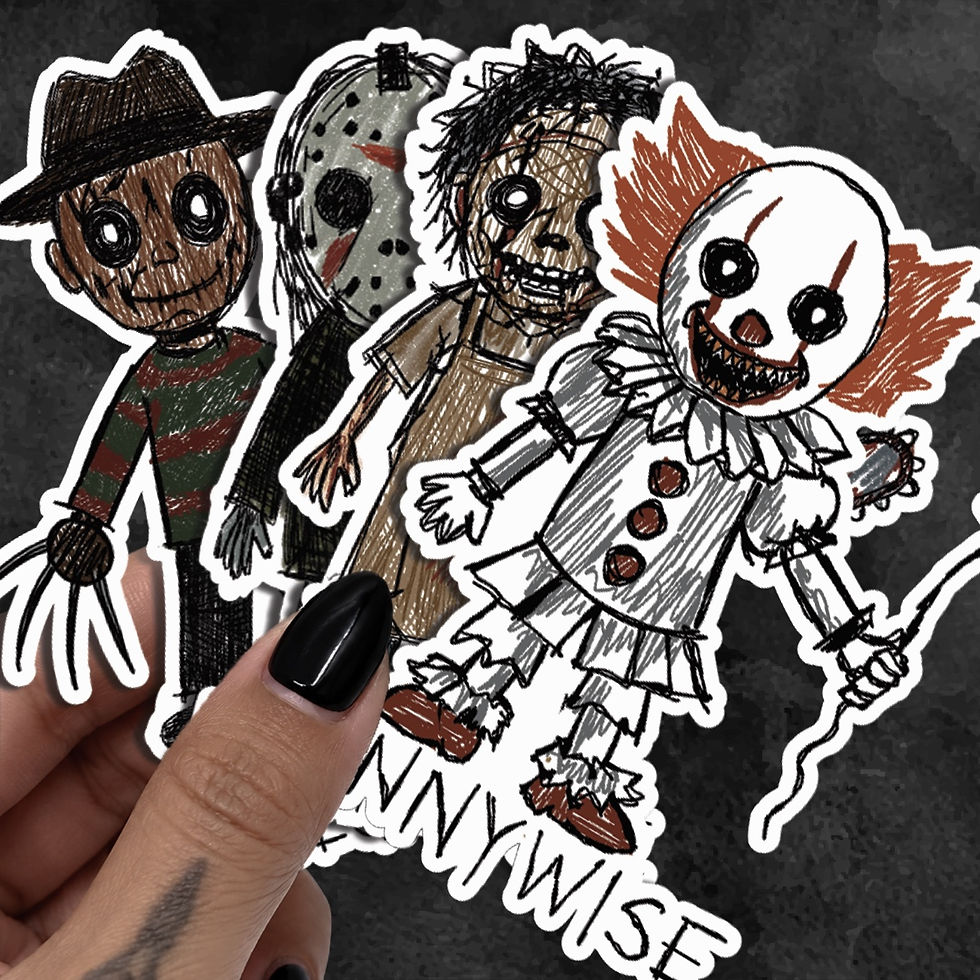 Thumbnail: Hand holding cute creepy horror vinyl stickers with sketch-style artwork.