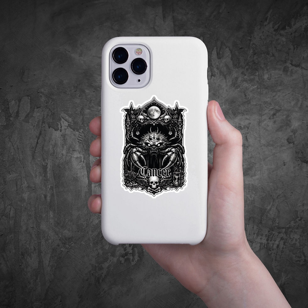 Thumbnail: Dark Zodiac Cancer gothic vinyl sticker displayed on a white phone case showing realistic sticker size and application.