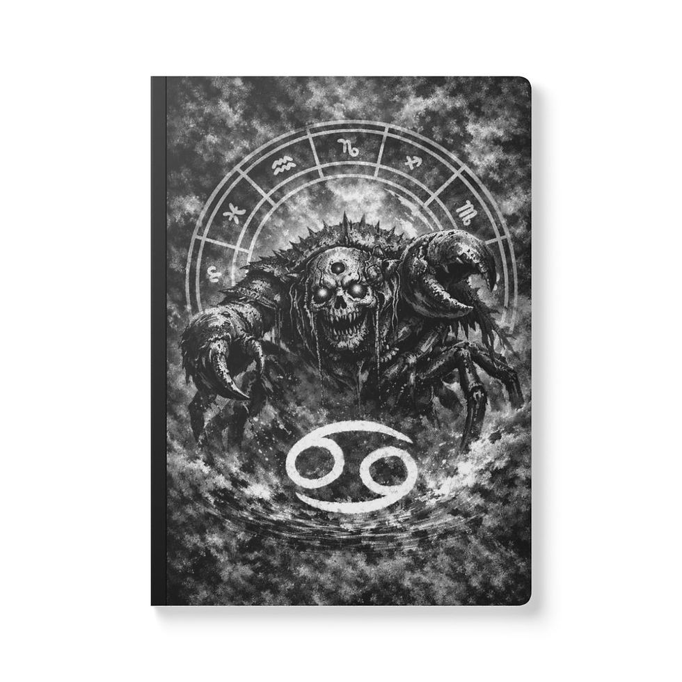 Thumbnail: Gothic Dark Zodiac Cancer journal featuring a horrifying crab beneath a misty zodiac wheel with a glowing sign.