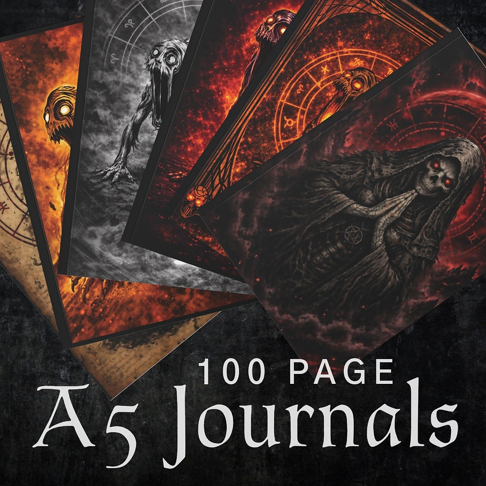 Mockup of the Dark Zodiac Virgo journal featuring a gothic grim reaper cover displayed beside a pen.
