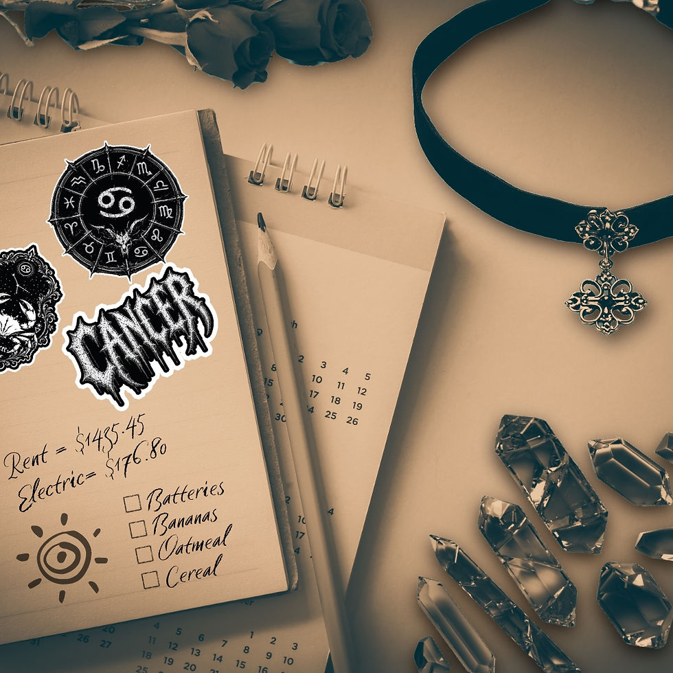 Thumbnail: Dark Zodiac Cancer vinyl stickers decorating a journal with gothic accessories and crystals in a dark aesthetic workspace.