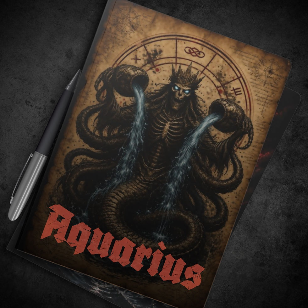 Mockup of the Dark Zodiac Aquarius journal featuring a skeletal water-bearer cover displayed beside a pen.