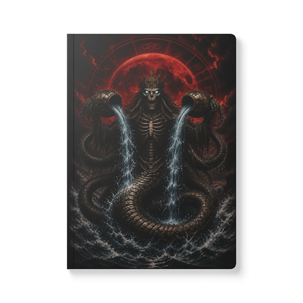 Thumbnail: Dark Zodiac Aquarius Red Moon journal featuring a skeletal water-bearer beneath a blood moon zodiac wheel.