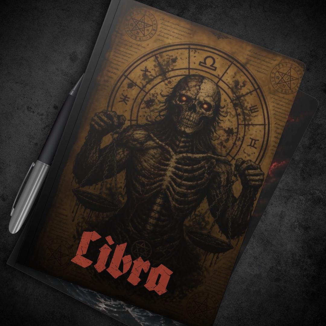 Mockup of the Dark Zodiac Libra journal featuring a gothic monster scale cover displayed beside a pen.
