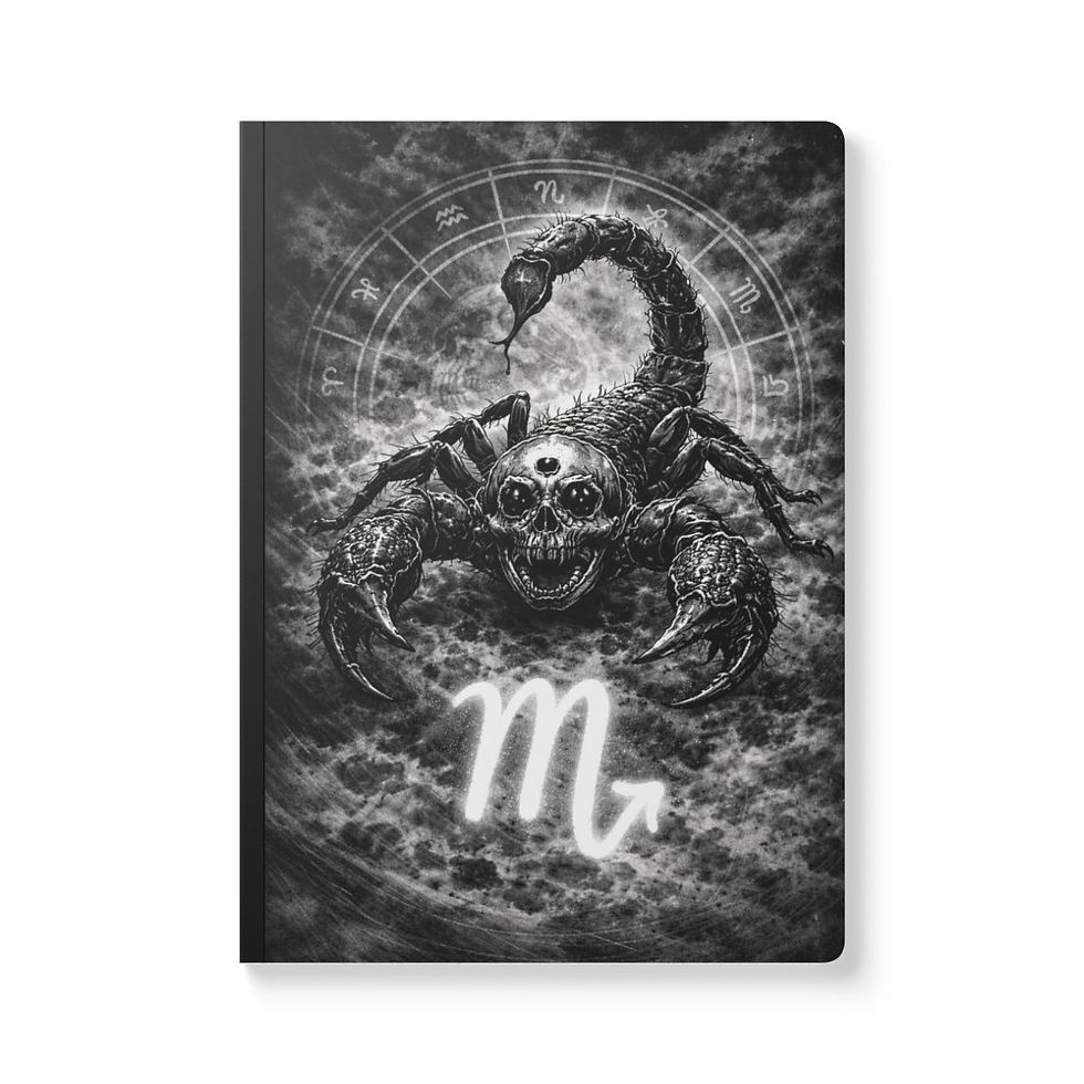 Thumbnail: Gothic Dark Zodiac Scorpio journal featuring a horrifying skeletal scorpion beneath a misty zodiac wheel with a glowing sign.
