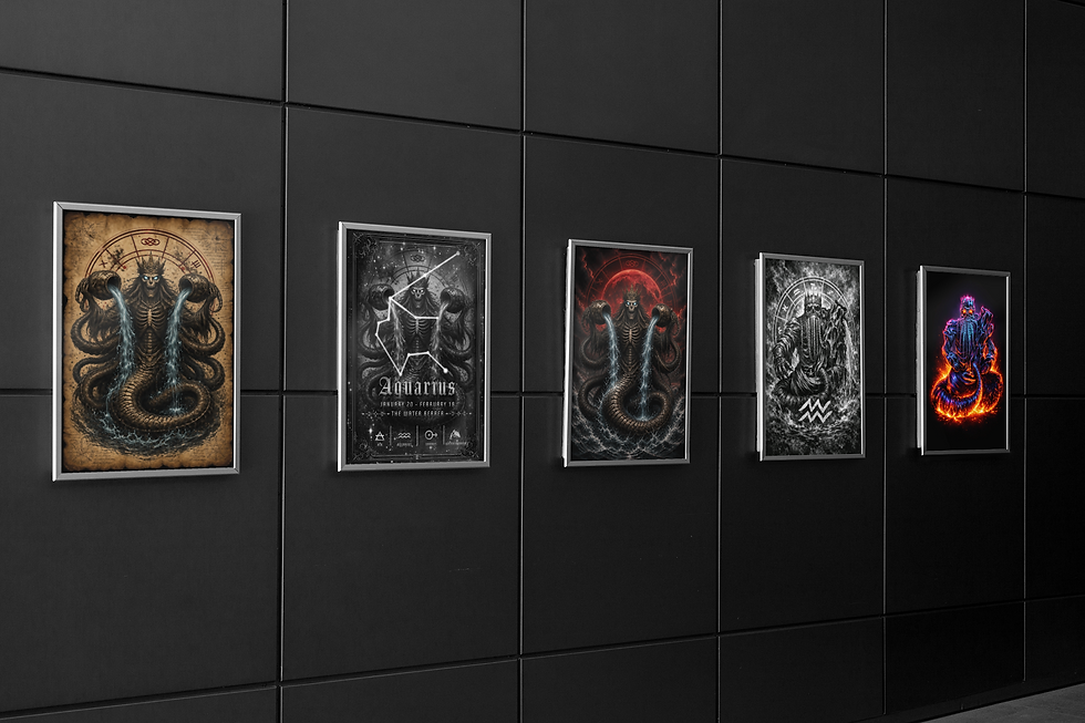 Aquarius Zodiac Poster Collection featuring Antique, Constellation, Red Moon, Gothic, and Hellfire styles displayed as framed