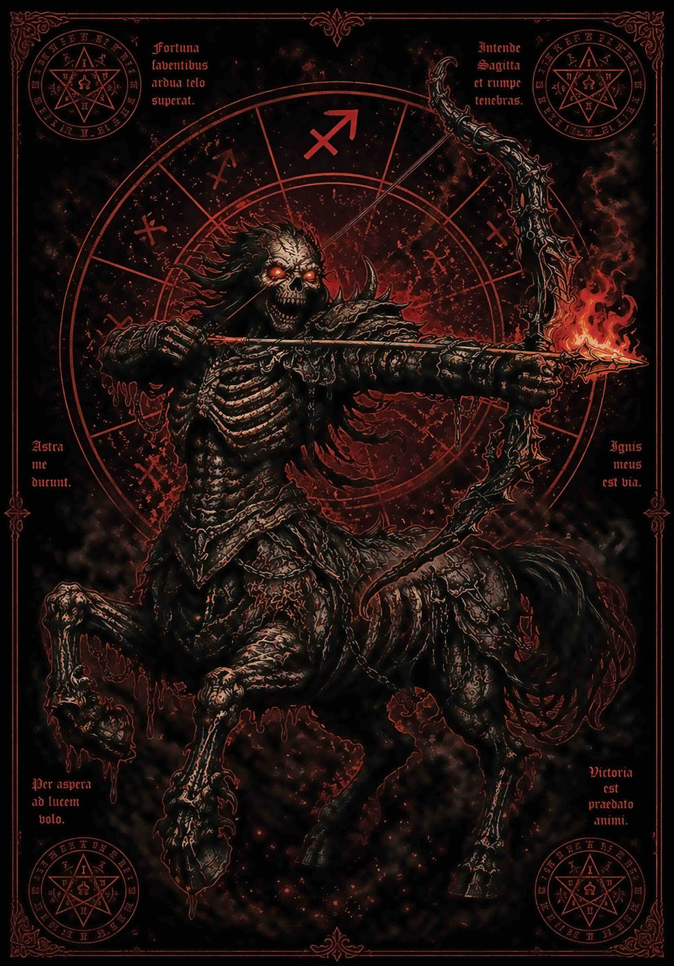 Thumbnail: Dark Sagittarius zodiac poster featuring a skeletal archer demon surrounded by occult symbols, crimson ritual circle and goth
