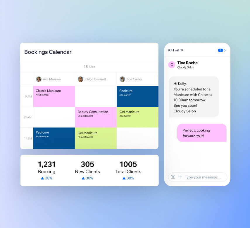 Salon booking calendar with staff schedules, client messaging, and growth metrics showing 1,231 bookings and 305 new clients up 30%