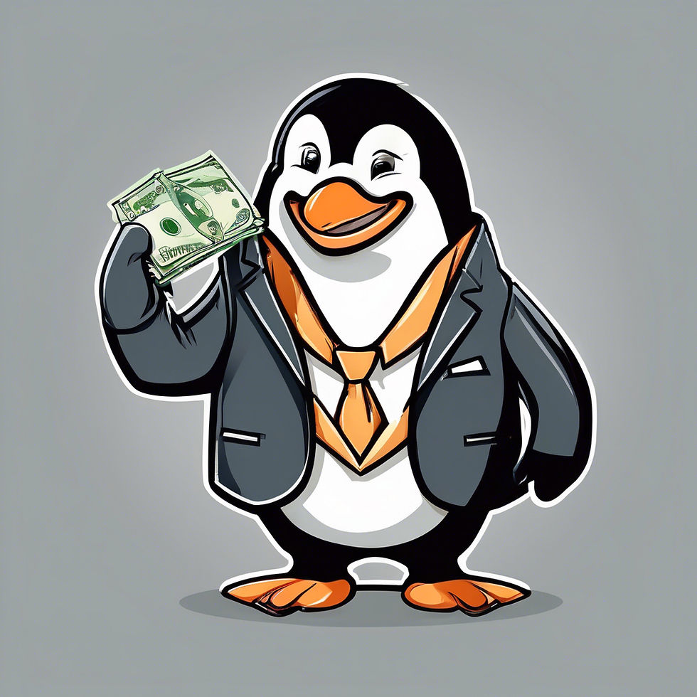 a nice penguin in a suit that is smiling and has some money in his hand.jpg