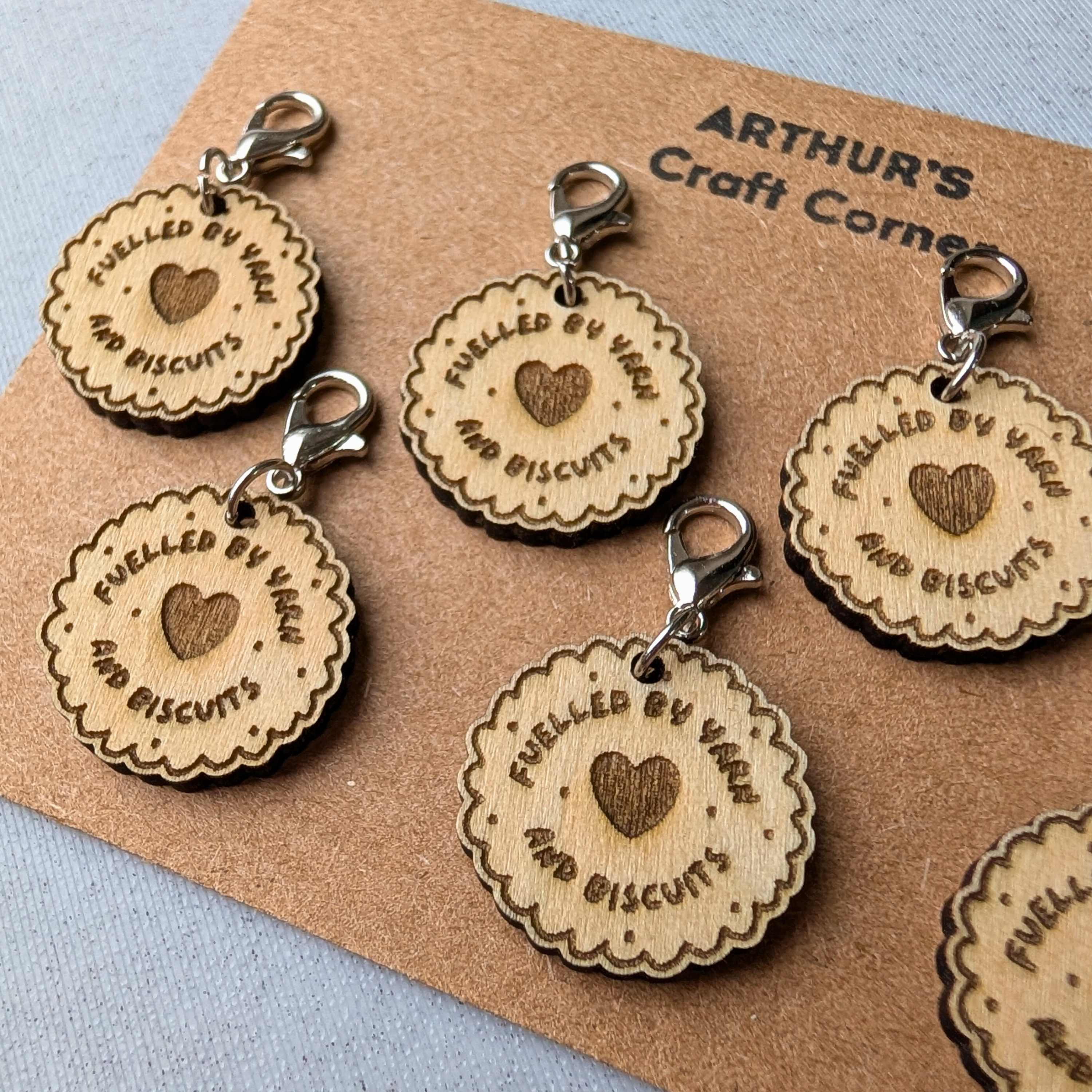Wooden biscuit stitch markers, set of 6, lasercut bass board