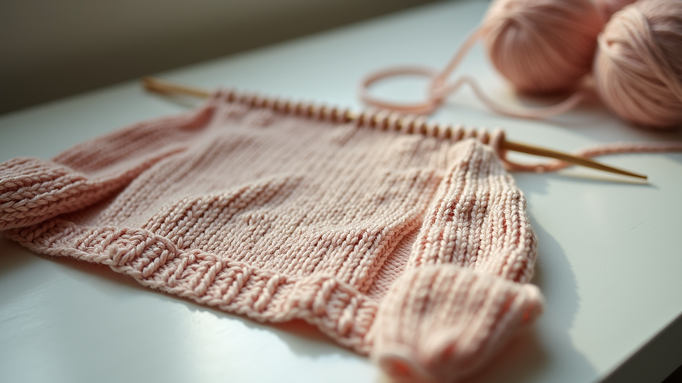 High angle view of a completed knitting project displayed on a bright table