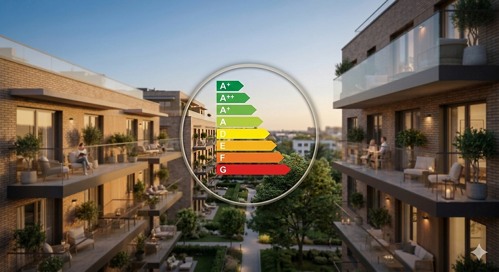Symbol wskaźnika energetycznego budynku na tle budynków mieszkalnych