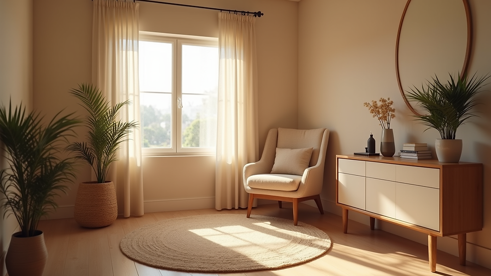 Eye-level view of a cozy therapy room with a comfortable chair and soft lighting