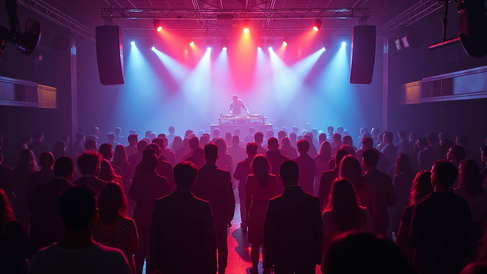 High angle view of a crowded dance floor with lights and DJs setup