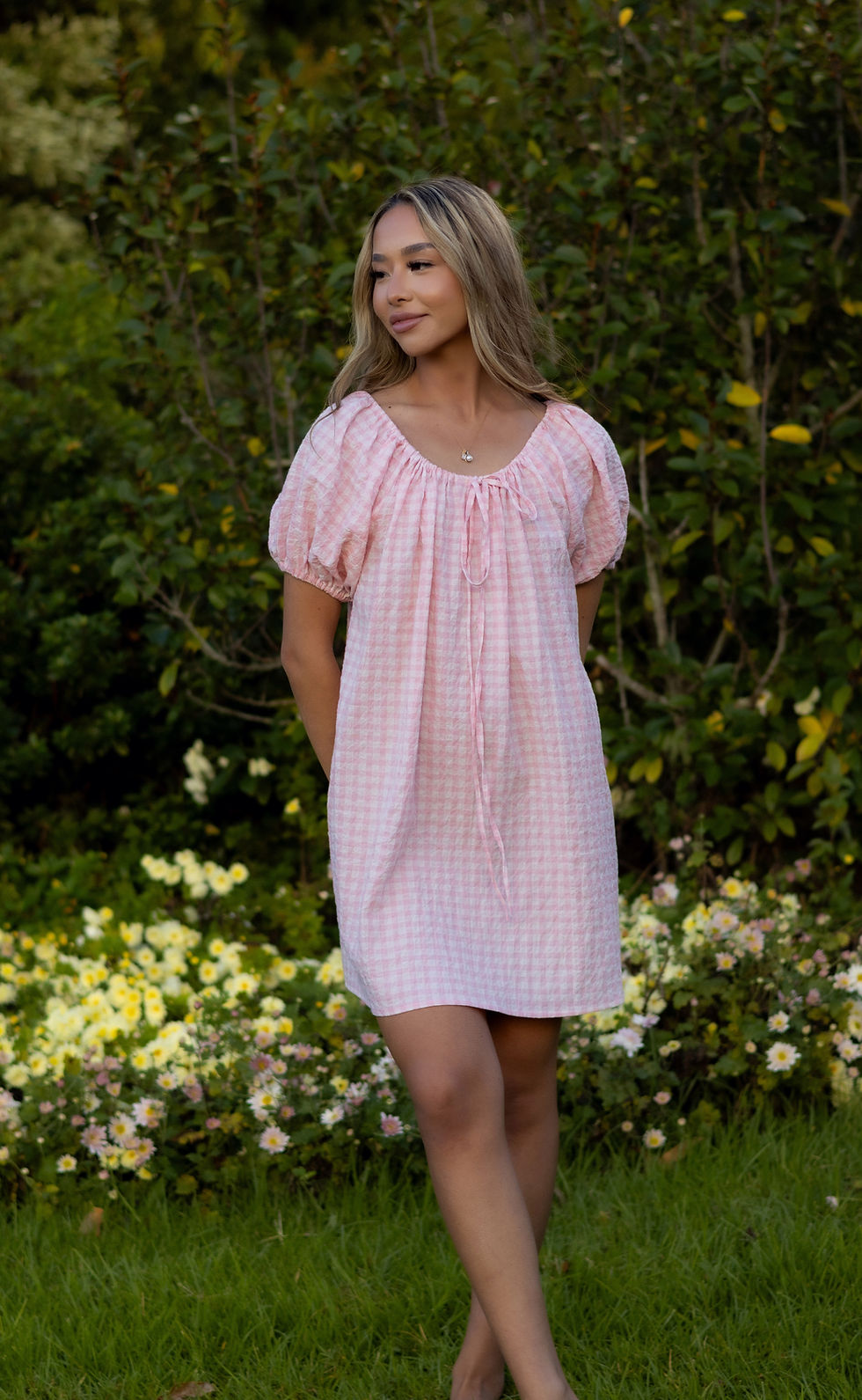 Thumbnail: The Mumma Garden Mini Dress || Cherry Blossom Pink Seersucker Gingham