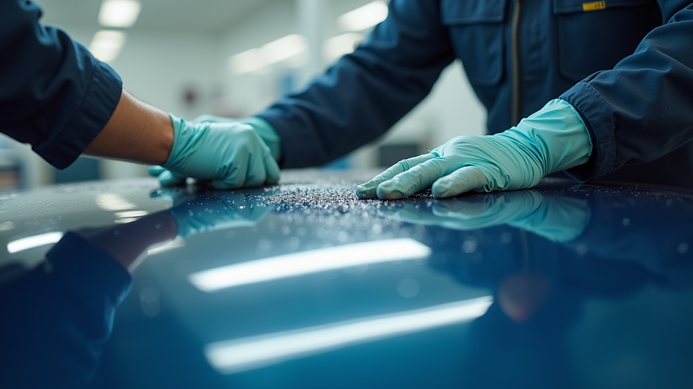 Close-up view of a technician applying a protective coating to a car's hood