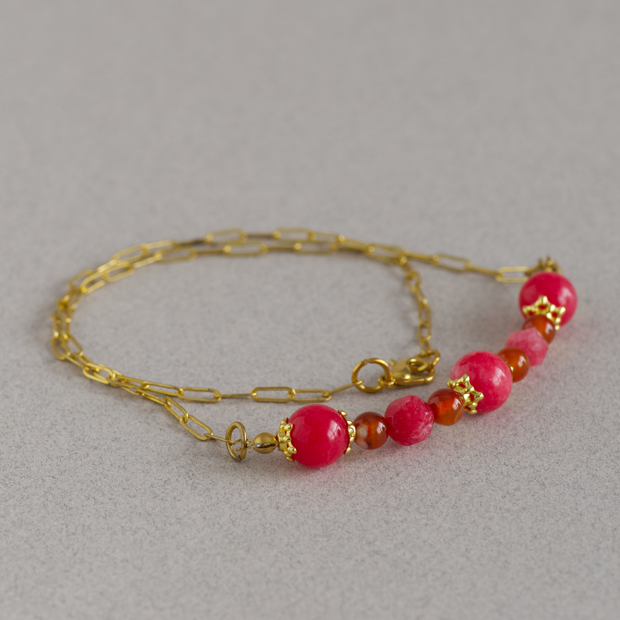 18 Inch Red Malaysia Jade & Carnelian Necklace - Gold Plate Chain, Single Strand