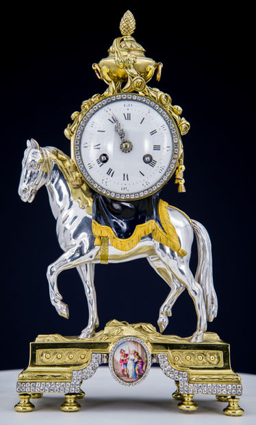 Enamel, Gilt, and Silvered Horse Mantel Clock by Francois Vion, Bronzier