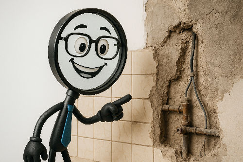 Mascotte loupe analysant les travaux préparatoires d'une cuisine, incluant la dépose des anciens éléments et la préparation des murs.