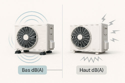 Infographie comparant le niveau sonore de différentes unités de climatisation pour le confort acoustique.