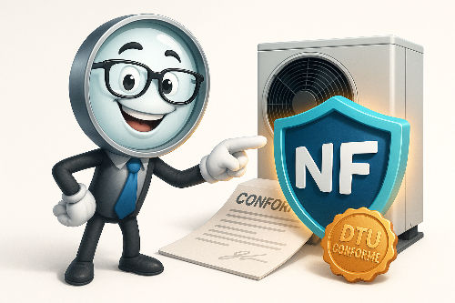 Illustration des normes d'installation de chauffage (DTU, RGE) garantissant sécurité et performance, avec une loupe inspectant un sceau de certification.