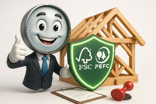 Mascotte loupe vérifiant une certification bois FSC/PEFC sur une charpente, illustrant l'importance des garanties fabricant.