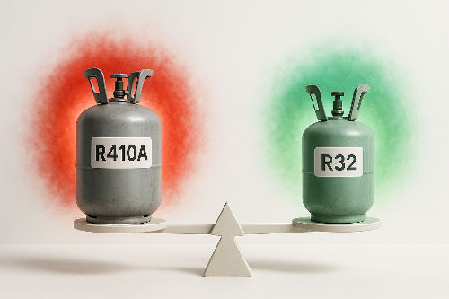 Comparaison visuelle des fluides frigorigènes R32 et R410A et de leur Potentiel de Réchauffement Planétaire (PRP).
