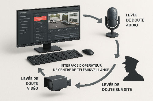  Infographie expliquant les méthodes de levée de doute (audio, vidéo, physique) pour les systèmes d'alarme et de télésurveillance.