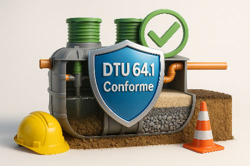 Vue en coupe d'un système d'assainissement non collectif avec un tampon de certification DTU 64.1 brillant apposé dessus, illustrant le respect des normes.