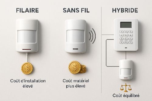 Infographie comparative des technologies d'alarme filaire, sans fil et hybride, montrant les différences de coût d'installation et de matériel.